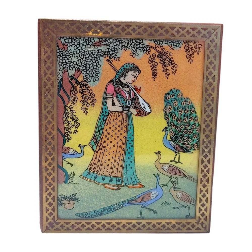 Vintage Indian Wooden Trinket Jewelry Box with Reverse Glass Painting Lid